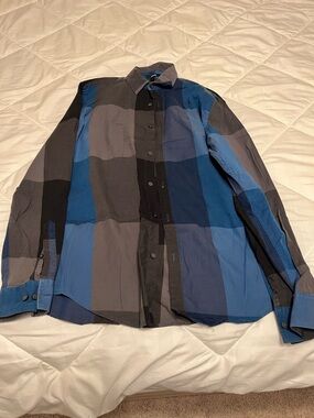 Alfani Blue and Gray Plaid Button-Down Shirt